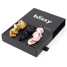 Laden Sie das Bild in den Galerie-Viewer, Blissy Haar-Scrunchies - Schwarz, Gold, Pink