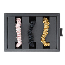 Laden Sie das Bild in den Galerie-Viewer, Blissy Dünn Haar-Scrunchies - Schwarz, Gold, Pink