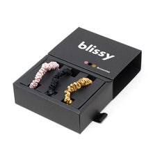 Laden Sie das Bild in den Galerie-Viewer, Blissy Dünn Haar-Scrunchies - Schwarz, Gold, Pink