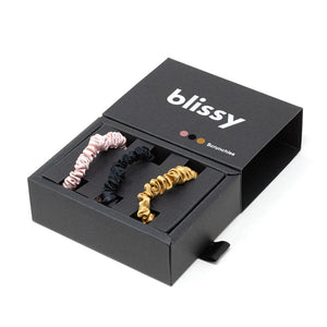 Blissy Dünn Haar-Scrunchies - Schwarz, Gold, Pink